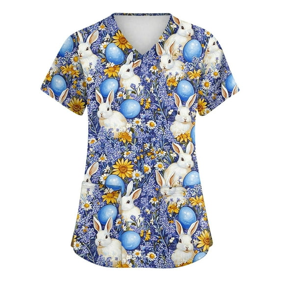 Scrubs Top Women,Easter Scrub Tops Women Plus Size Bunny Egg Hunt Print Short Sleeve V Neck Stretchy Holiday Nurse Working Uniform,Navy,L