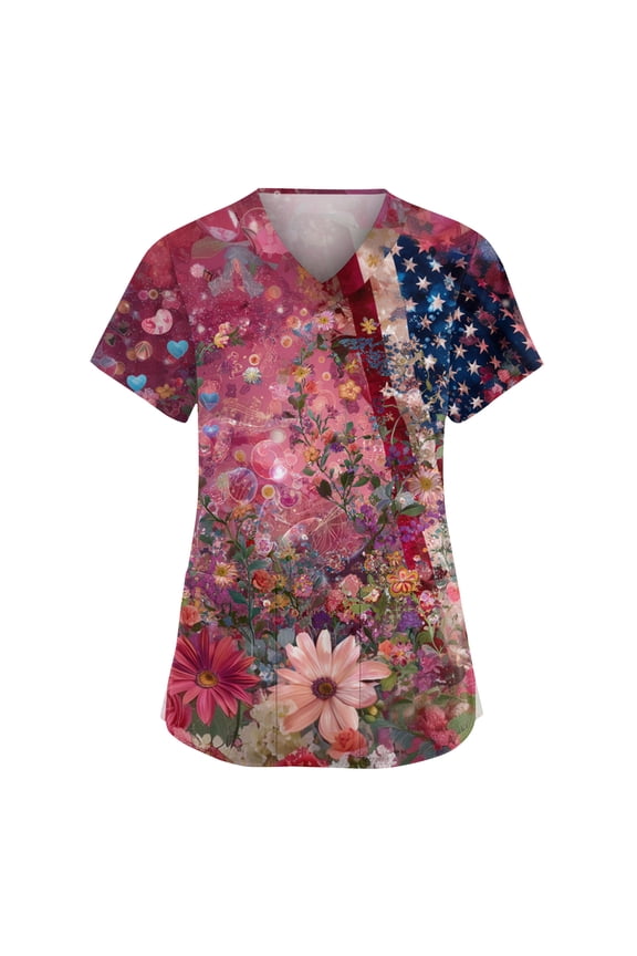 Scrubs Top for Women 250th Anniversary Short Sleeve Flag and Flower Scrubs 4th of July Stretch Nursing Medical Scrubs Shirts with Pockets