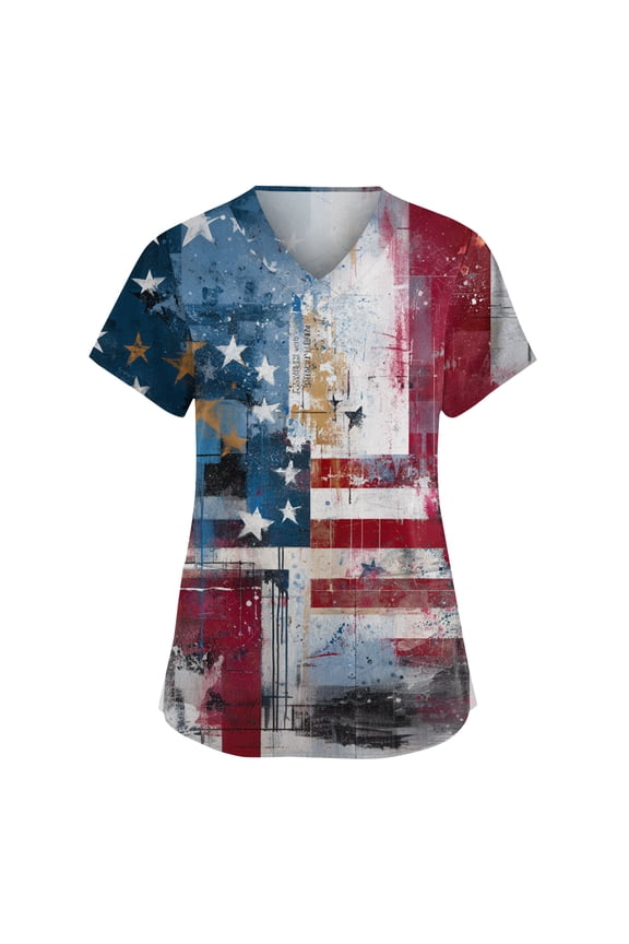 Scrubs Top for Women 250th Anniversary Short Sleeve Flag and Flower Scrubs 4th of July Stretch Nursing Medical Scrubs Shirts with Pockets