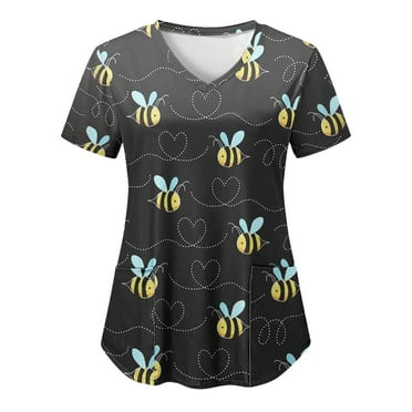 Scrubs Top for Women Bee Graphic Short Sleeve V-Neck Medical Uniform Soft Stretchy Free Nurse Shirt with 2 Pockets Black L