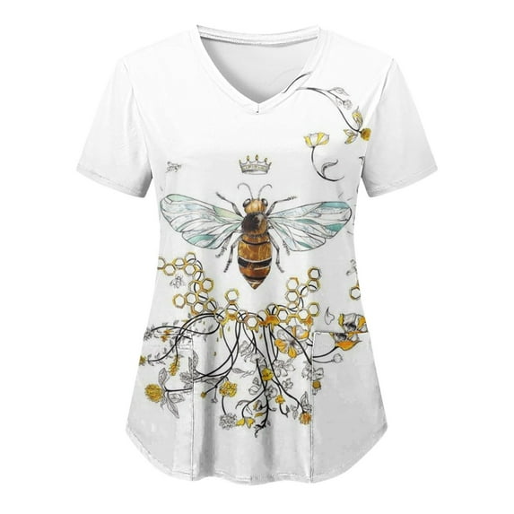 Scrubs Top for Women Bee Graphic Short Sleeve V-Neck Medical Uniform Soft Stretchy Free Nurse Shirt with 2 Pockets Grey XL