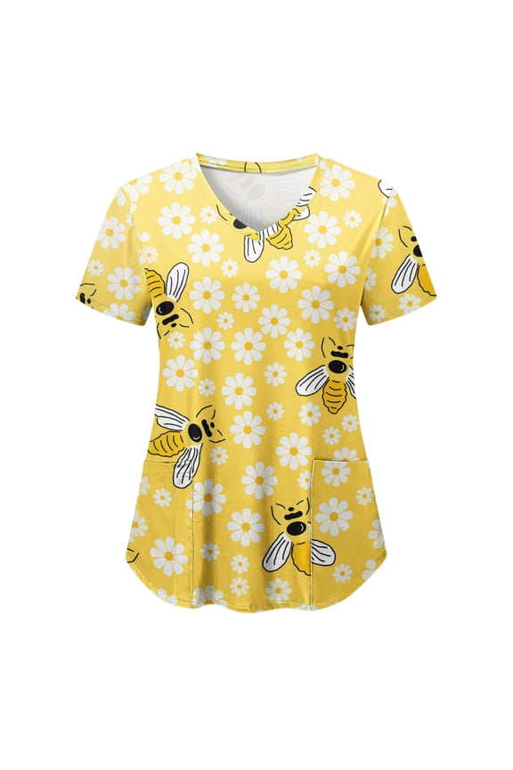 Scrubs Top for Women Bee Graphic Short Sleeve V-Neck Medical Uniform Soft Stretchy Free Nurse Shirt with 2 Pockets Yellow XXL