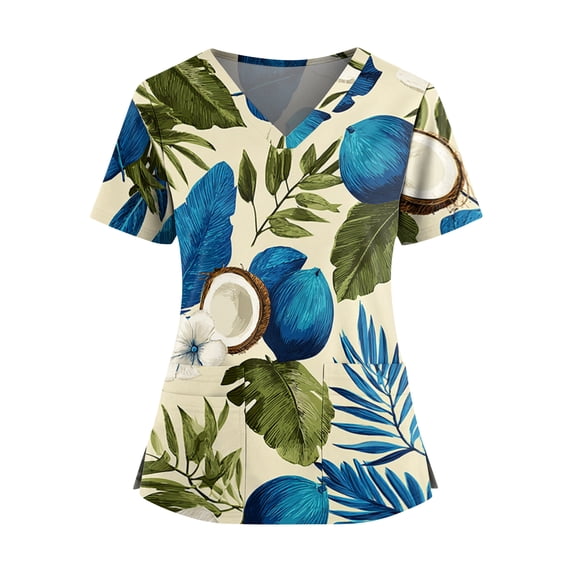 Scrubs Top for Women Printed V-Neck Hawaiian Shirt Soft Short Sleeve Plus Size Scrub Tops with Two Pockets Breathable Nursing Shirt Blue L