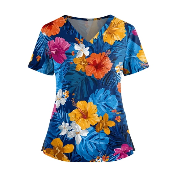 Scrubs Top for Women Printed V-Neck Hawaiian Shirt Soft Short Sleeve Plus Size Scrub Tops with Two Pockets Breathable Nursing Shirt Dark Blue S