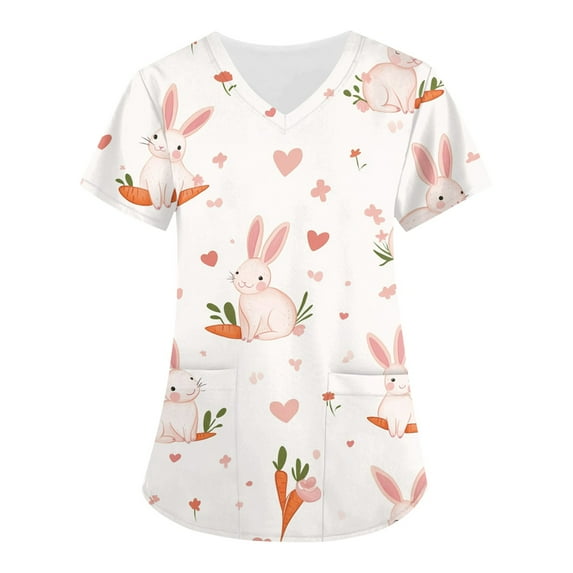 Scrubs Tops For Women,Easter Scrub Tops Women Bunny Egg Hunt Print Scrubs Short Sleeve Holiday Working Uniform with Pockets,Light Gray,XXXL