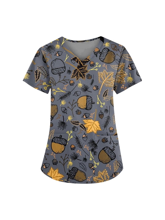 Scrubs Tops For Women,Plus Size Women'S Halloween Pumpkin-Headed Bat Printed Scrub Tops V-Neck Fun T Shirts Nurse Uniform Tee With Pockets,Gray,L