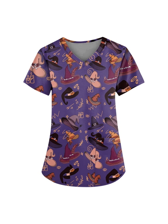 Scrubs Tops For Women,Plus Size Women'S Halloween Pumpkin-Headed Bat Printed Scrub Tops V-Neck Fun T Shirts Nurse Uniform Tee With Pockets,Purple,M