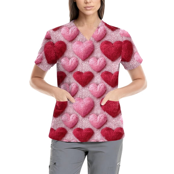 Scrubs Tops For Women,Women's Fashion V-Neck Nursing Top Valentine's Day Print Short-Sleeve Nursing Scrub Top with Pockets - Light pink - XXXXL