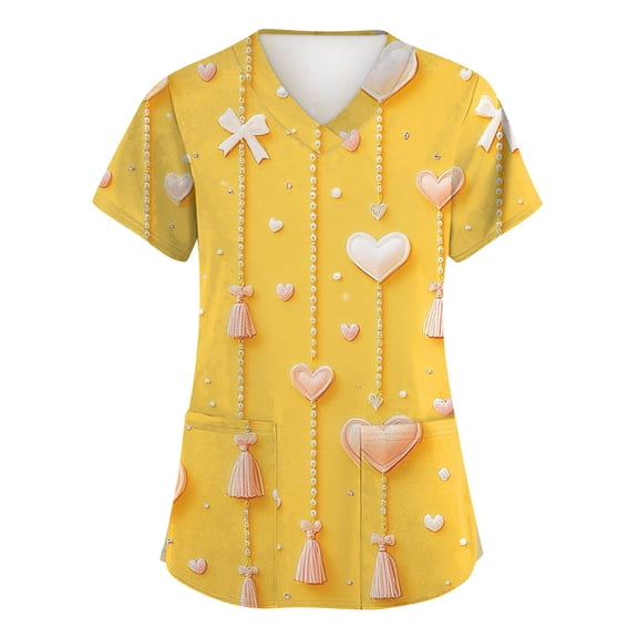 Scrubs Tops For Women,Women's Fashion V-Neck Short-Sleeve Workwear with Pockets Valentine's Day Printed Top Nursing Scrub Top - Yellow - S