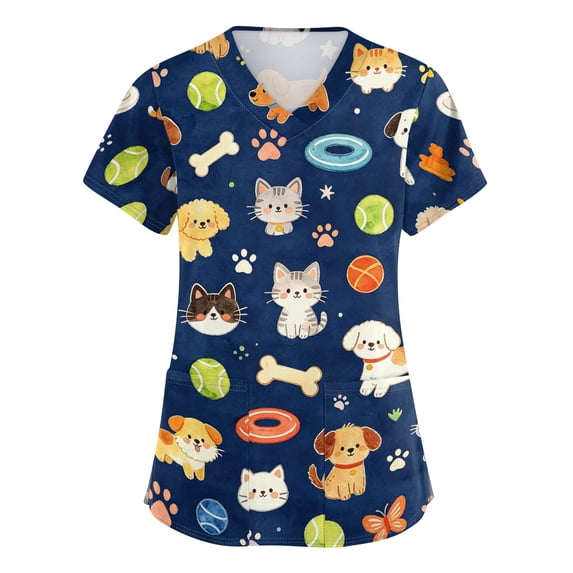 Scrubs Tops Woman Cute Animal Print Plus Size Scrubs,Stretchy Nursing Pediatric Uniforms Shirts with Pockets - Blue - L