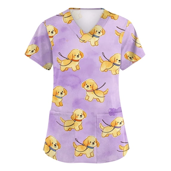 Scrubs Tops Woman Cute Animal Print Plus Size Scrubs,Stretchy Nursing Pediatric Uniforms Shirts with Pockets - Purple - M
