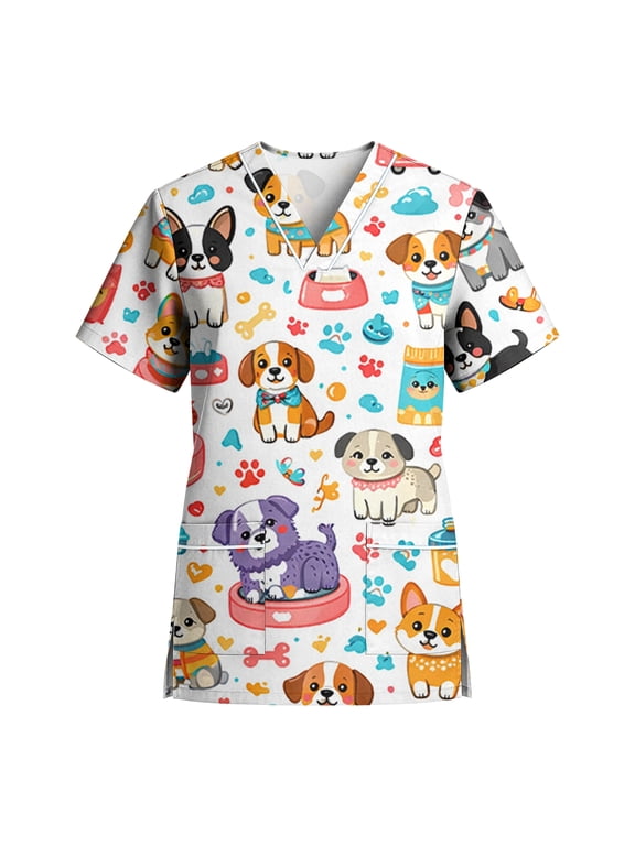 Scrubs Tops Woman Cute Animal Print Plus Size Scrubs,Stretchy Nursing Pediatric Uniforms Shirts with Pockets - Turquoise - XXL