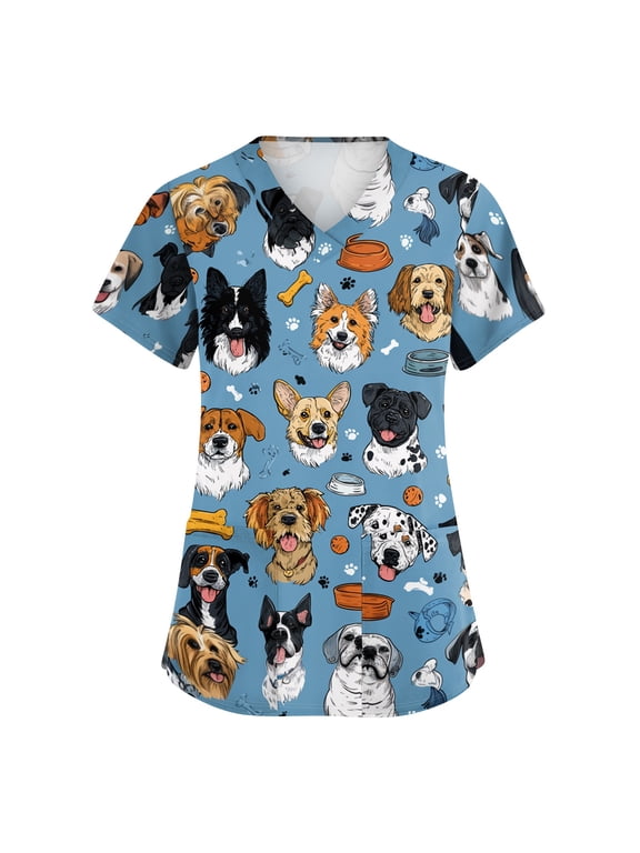 Scrubs Tops for Woman - Soft Stretch, V-Neck Tops, 2 Pockets, Short Sleeve, Animal Print, Breathable & Lightweight Nursing Shirt, Easy-Care Fabric for All-Day Comfort - Blue - XXL
