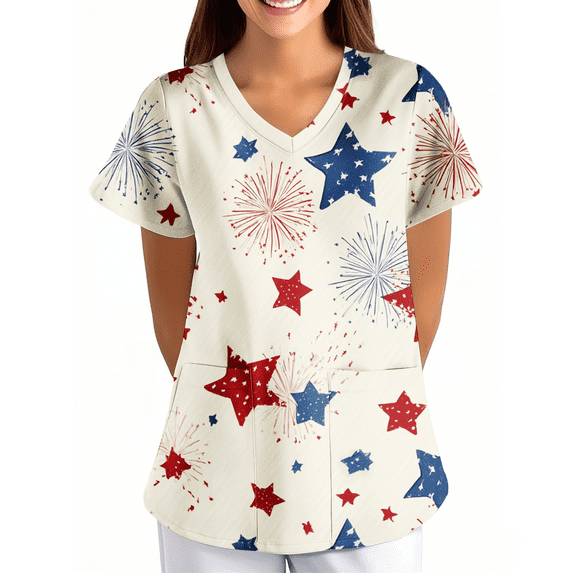 Scrubs Tops for Women 4th Of July Shirts American Flag Star sand Stripes Printed Nursing Uniform Plus Size V Neck T Shirts Short Sleeve Scrub Top Casual 250 Years USA Anniversary Shirt
