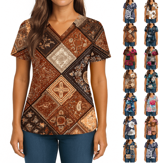Scrubs Tops Womens V Neck Easy Care Medical Scrub Shirts Plus Size Stretch Fitted Nurse Uniform Shirts with Pockets Brown M