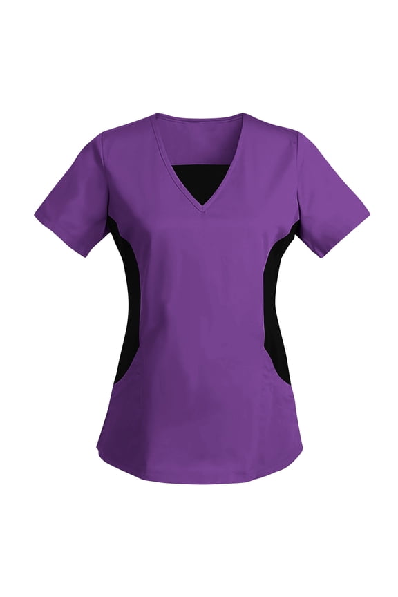 Scrubs Tops for Women Color Block Short Sleeve T-Shirt Regular Fit V-Neck Workwear Stretchy Nurse Uniform