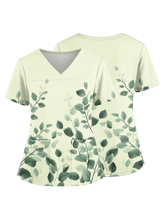 Scrubs Tops for Women Floral Print Short Sleeve V Neck Stretch Nurse Shirt