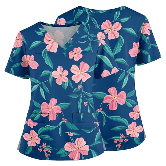 Scrubs Tops for Women Floral Print Short Sleeve V Neck Stretch Pocketed Scrub Shirt