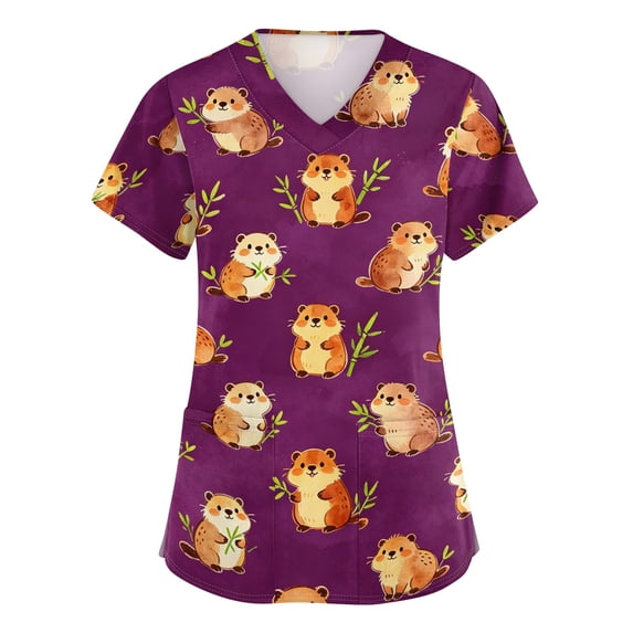 Scrubs Tops for Women Funny Animals Printed V Neck Short Sleeve Scrub Shirts