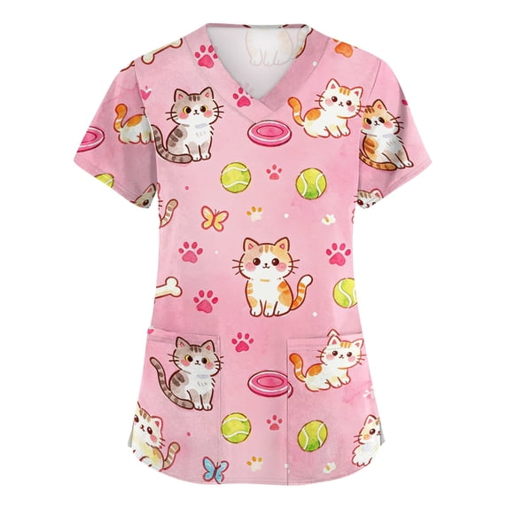 Scrubs Tops for Women Funny Animals Printed V Neck Short Sleeve Scrub Shirts