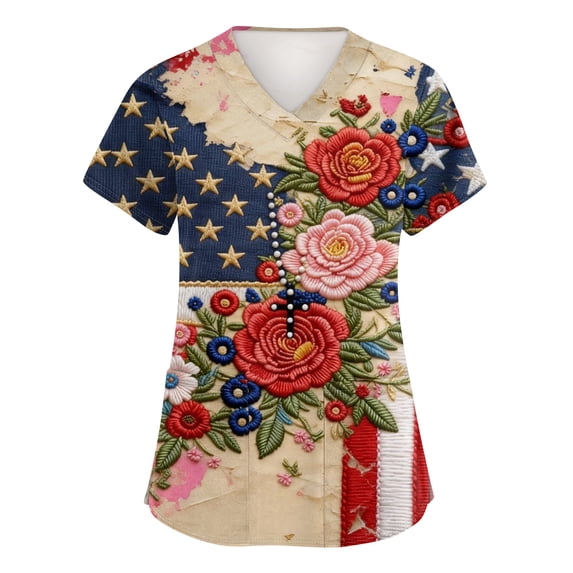 Scrubs Tops for Women Independence Day American Flag Print Stretchy Nursing Scrub Tops America 250 Anniversary Short-Sleeved Nursing Tops