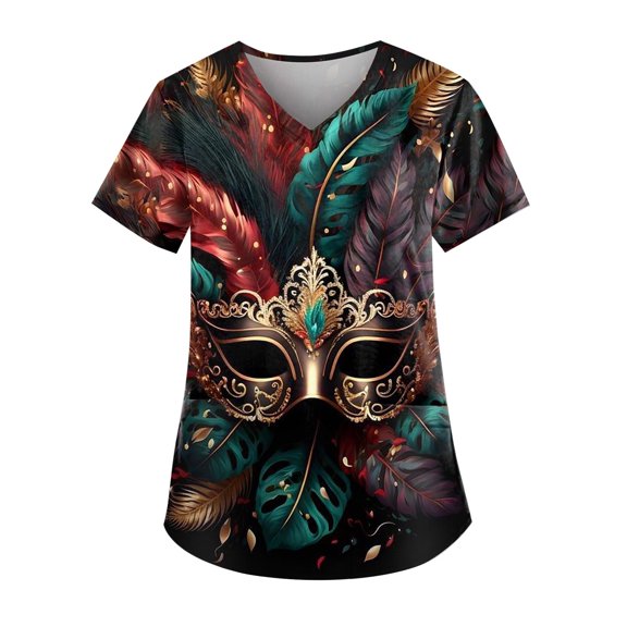 Scrubs Tops for Women Short Sleeve V Neck Nurse Uniforms Workwear Summer Casual Mardi Gras Scrub Shirts