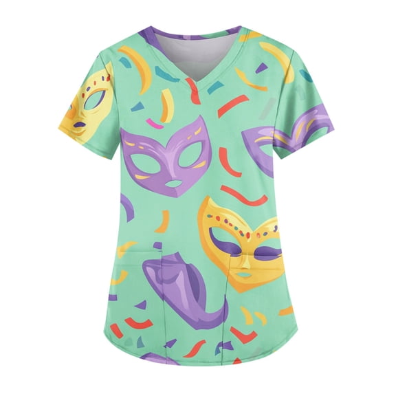 Scrubs Tops for Women Stretchy V Neck Medical Nurse Workwear Soft and Comfortable Mardi Gras Holiday Tee Shirt