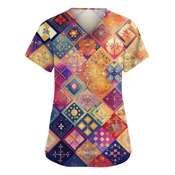 Scrubs Tops for Women Stretchy V Neck Nursing Working Uniform Summer Casual Mardi Gras Carnival T-Shirts