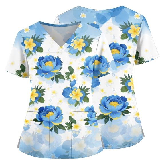 Scrubs Tops for Women Summer Tropical Leaf Print Short Sleeve V Neck Pocketed Nurse Uniform