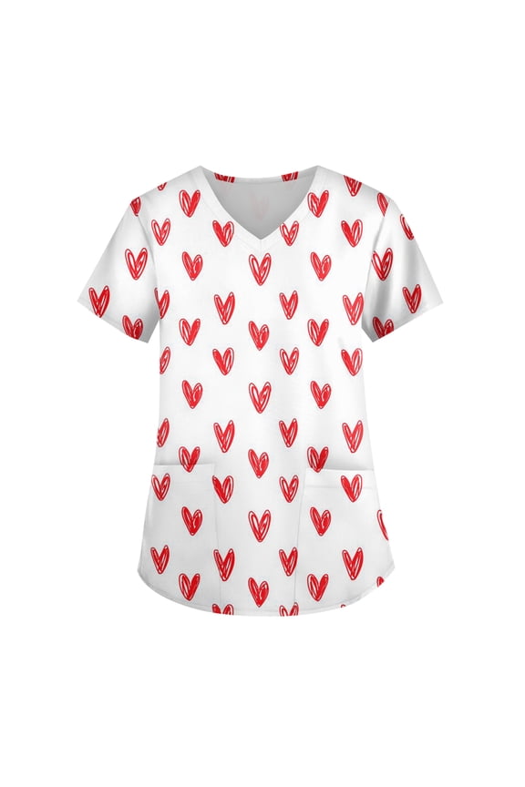 Scrubs Tops for Women V Neck Fashion Valentine's Day Printed Tops Loose Fit Comfy Nurse Uniform with Pockets Light pink 4XL