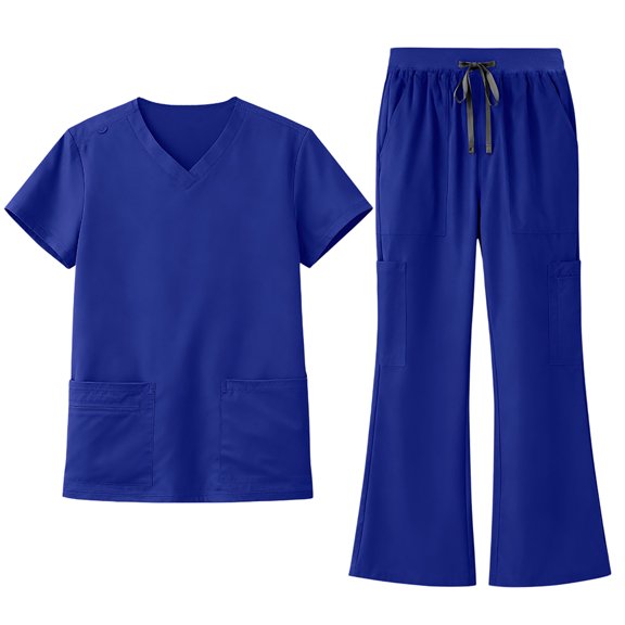 Scrubs Two Piece Sets For Women Short Sleeve Solid Color Medical Uniform Multi Pocket V Neck Scrub Top & Flare Leg Pants Cozy Regular Fit Nurse Uniform