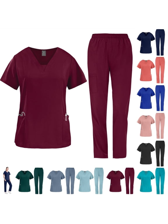 Scrubs Uniform Women Scrubs Set Top and Pants Wine 2XL