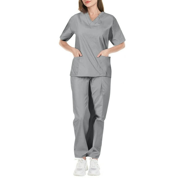Scrubs Uniform for Women - Tops & Straight Leg Pants with multi Pockets, Soft Stretch, Easy Care Gray XXL