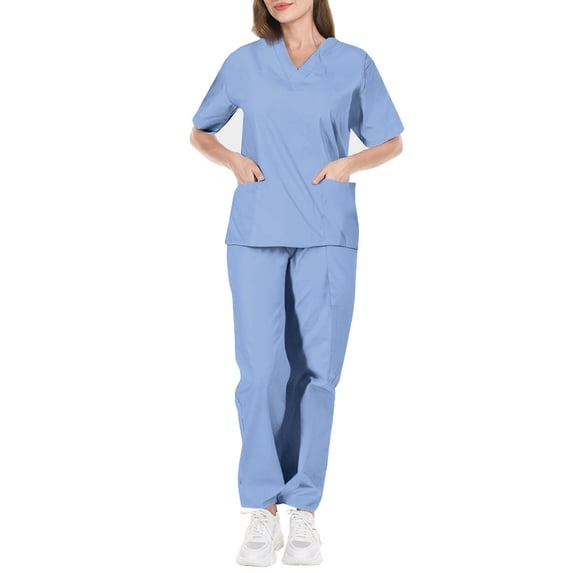 Scrubs Uniform for Women - Tops & Straight Leg Pants with multi Pockets, Soft Stretch, Easy Care Light Blue XXL