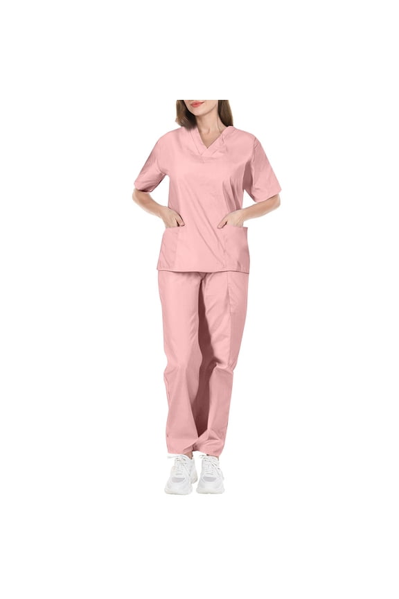 Scrubs Uniform for Women - Tops & Straight Leg Pants with multi Pockets, Soft Stretch, Easy Care Pink L