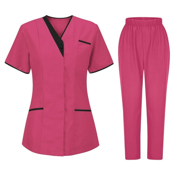 Scrubs_Uniforms Women Full Set Unisex Medical Uniforms Short Sleeve V Neck Tunic Top and Straight Leg Pants with Pockets, Beauty Tunics for Women Nursing_Workwear Suits Hot Pink S