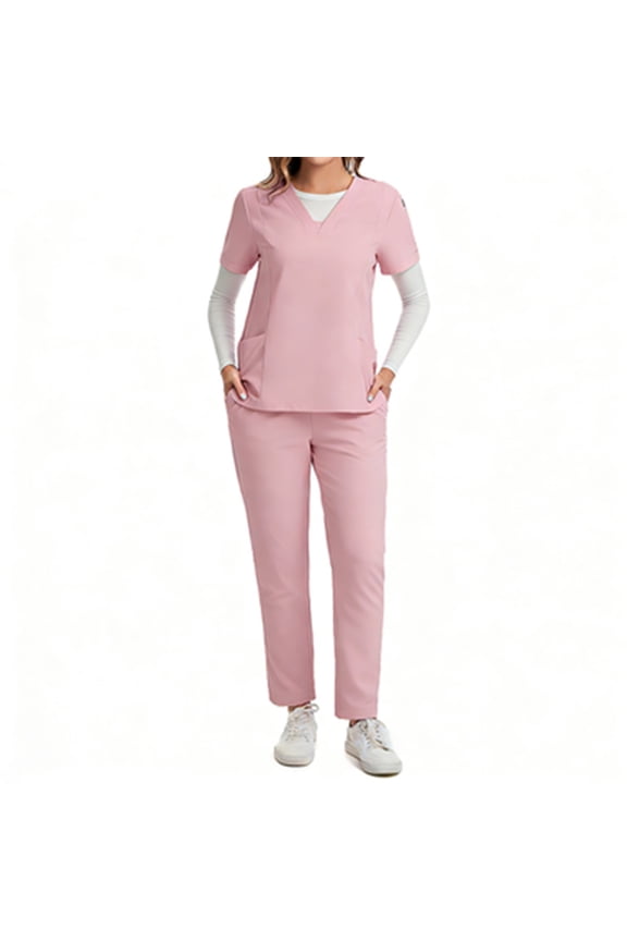 Scrubs Uniforms for Women - Mock Wrap Scrub Top & Straight Leg Scrub Pants with Multi-Pocket, Back Princess Seams, Soft Fabric,Pink XL