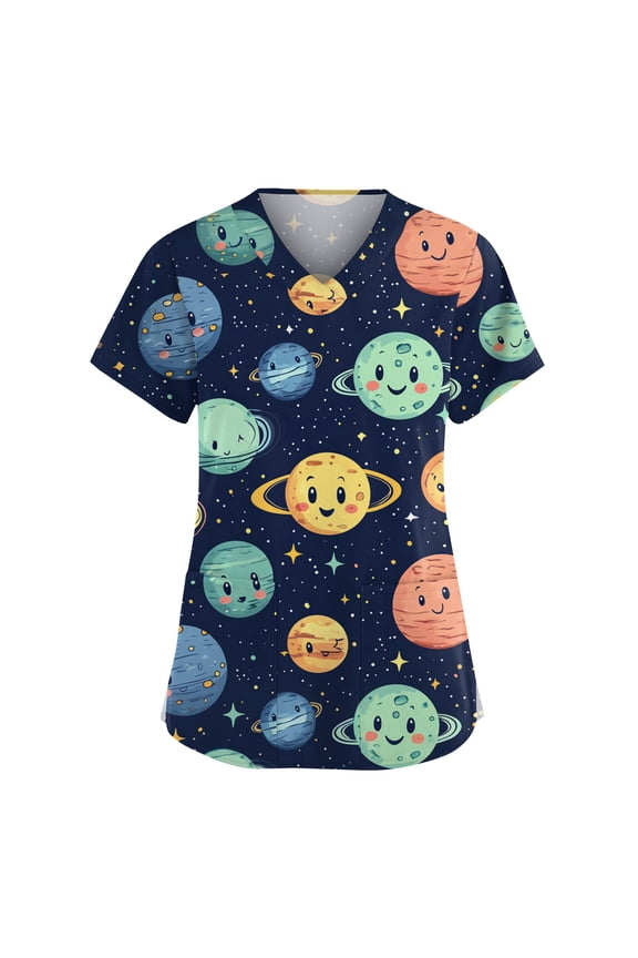 Scrubs, V Neck Short Sleeve Scrubs Uniform Top-Cute Cartoon Print, Comfortable Stretchy Scrubs With Pockets Flare Pants For Women Tops Square Long Top Blouses Shirts Outfits (L, Dark Blue) ZMTing