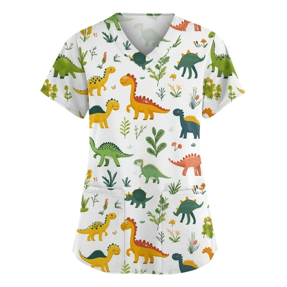 Scrubs, V Neck Short Sleeve Scrubs Uniform Top-Cute Cartoon Print, Comfortable Stretchy Scrubs With Pockets Women Pants Short Tops Overstock For Mock Tops Tank Top (5XL, Green) ZMTing