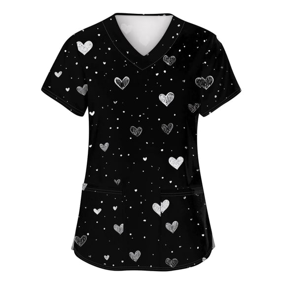 Scrubs With Pockets,Women's Fashion V-Neck Short-Sleeve Workwear with Pockets Valentine's Day Printed Top Nursing Scrub Top - Black - XXL