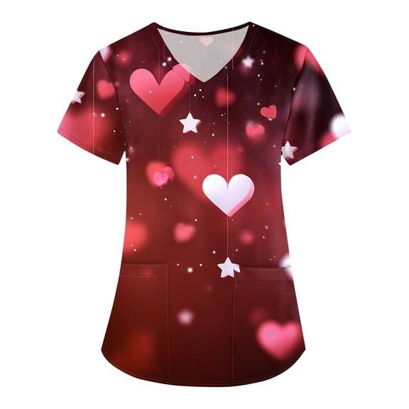 Scrubs With Pockets,Women's V-Neck Valentine's Day Printed Fashion Loose-Fit Short-Sleeve Nursing Scrubs Top with Pockets - White - XL