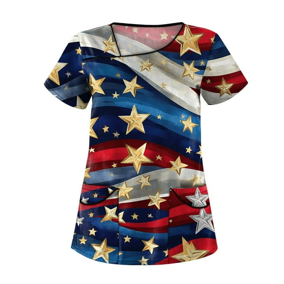 Scrubs For Women, 4Th Of July Scrub Tops Women Plus Size Skew Collar Short Sleeve Workwear With Pockets Red White And Royal Blue American Flag Top Mother'S Scrubs Tank Top (XXL, Yellow) ZMTing