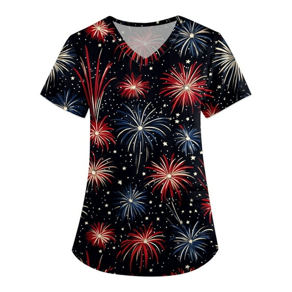 Scrubs For Women, 4Th Of July Scrub Tops Women Plus Size V Neck Short Sleeve Workwear With Pockets Red White And Royal Blue American Flag Top Cargo Pants Scrubs Shirts Outfits (3XL, Black) ZMTing