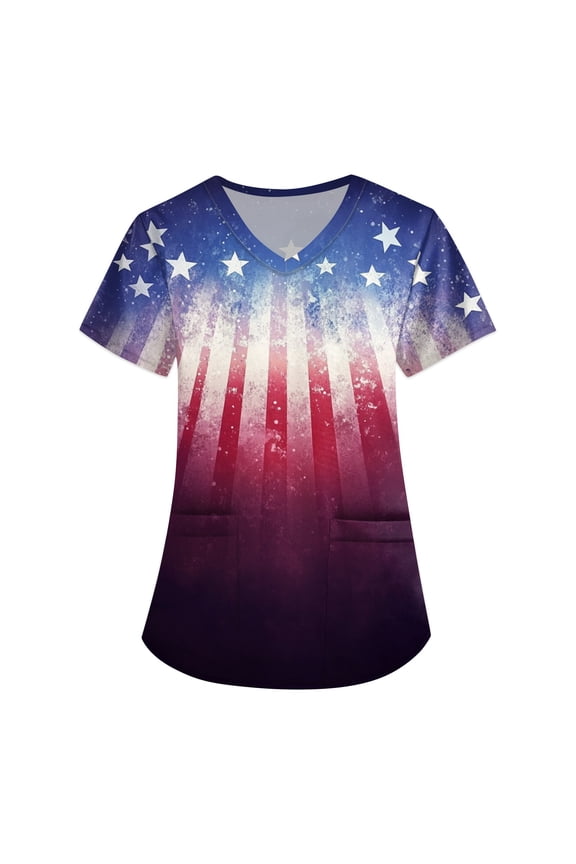 Scrubs For Women, 4Th Of July Scrub Tops Women Plus Size V Neck Short Sleeve Workwear With Pockets Red White And Royal Blue American Flag Top Nursing Scrubs Top Shirts Outfits (3XL, Dark Purple)
