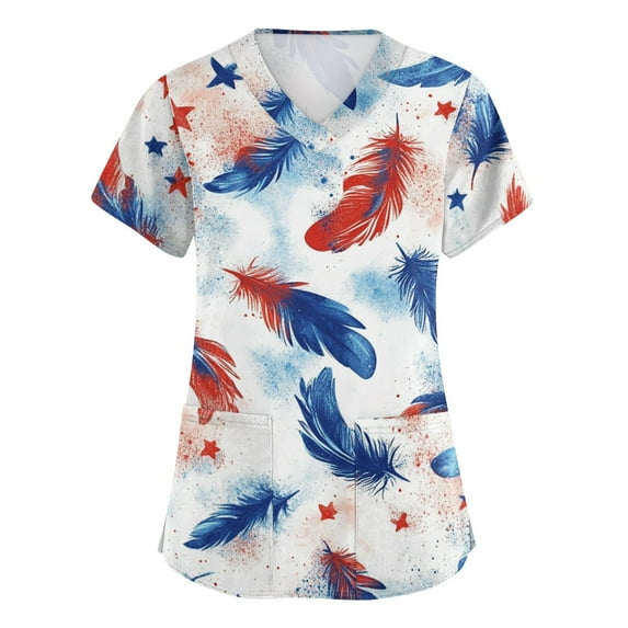 Scrubs For Women, 4Th Of July Scrub Tops Women Plus Size V Neck Short Sleeve Workwear With Pockets Red White And Royal Blue American Flag Top Outfits Funny Pants Outfits (L, White) ZMTing