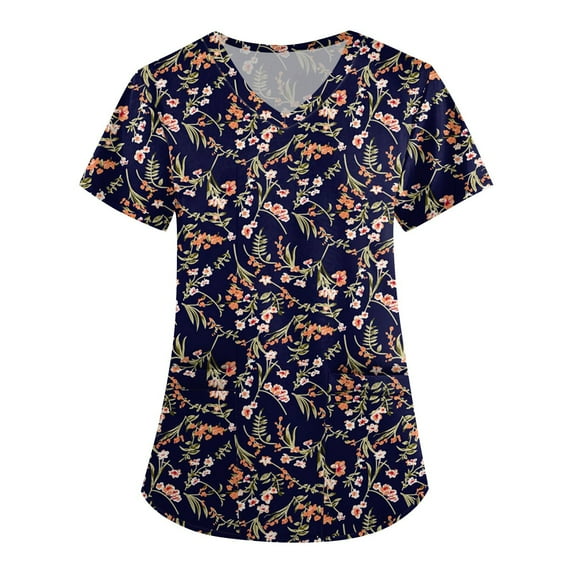 Scrubs Women, Breathable Loose-Fit Women'S Scrub Top Floral Pattern, Short Sleeve, V Neck & Functional Pockets Green Tops Womens Pants Flowy Tops For Women Shirt Tops Blouse (4XL, Navy) ZMTing