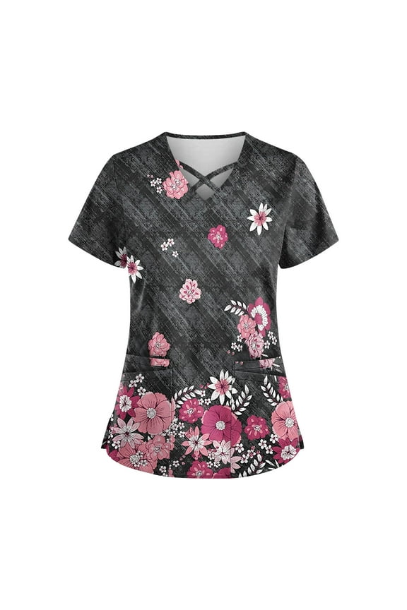 Scrubs for Women Breathable Printed V-Neck Plus Size Scrub Tops Short Sleeve Professionals Soft Stretch Workwear Shirt with Pockets light gray 3X-Large