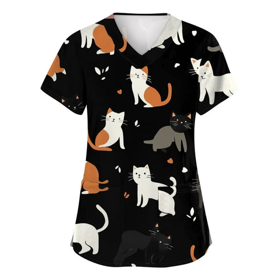Scrubs For Women, Cute Animal Print Scrub Top Women-Loose Fit Short Sleeve V Neck Healthcare Uniform With Pocket Scrubs Ladies Tops 3/4 Tops 2025 Yoga Woman Tops Tank (M, Black) ZMTing