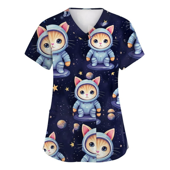 Scrubs Women, Cute Animal Print Scrub Top For Women-Loose Fit Short Sleeve V Neck Healthcare Uniform With Pocket Scrubs Set Long Tops Woman Green Going Out Tops Casual (M, Purple) ZMTing