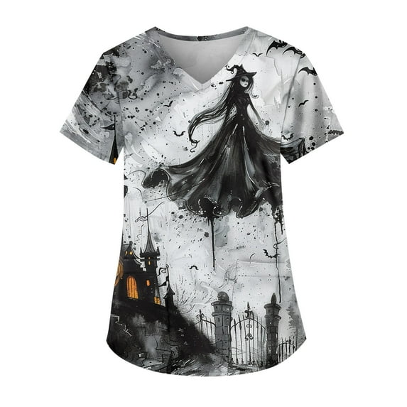Scrubs For Women, Fashion Easter Printed Short Sleeve V-Neck Top Small Pocket Work T Shirt Scrub Hats Women Bottoms Denim Shirt Top Y2K Animal Print Tops Tunic Camisole (XL, Gray) ZMTing